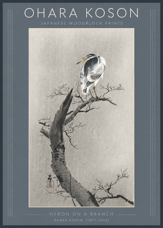 Ohara Koson Heron on a Branch No3 - Plakat