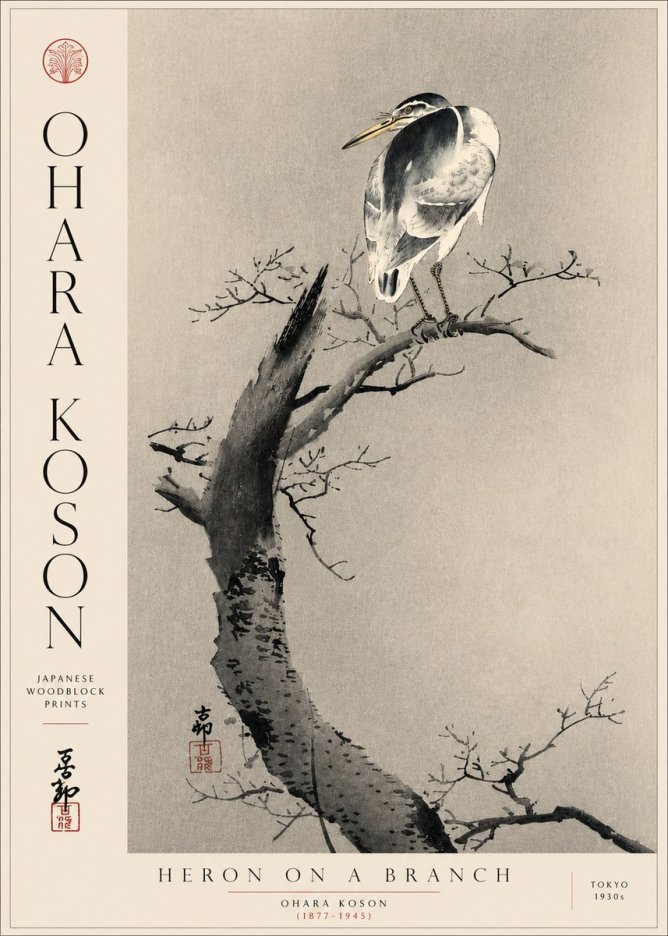 Ohara Koson Heron on a Branch No5 - Plakat