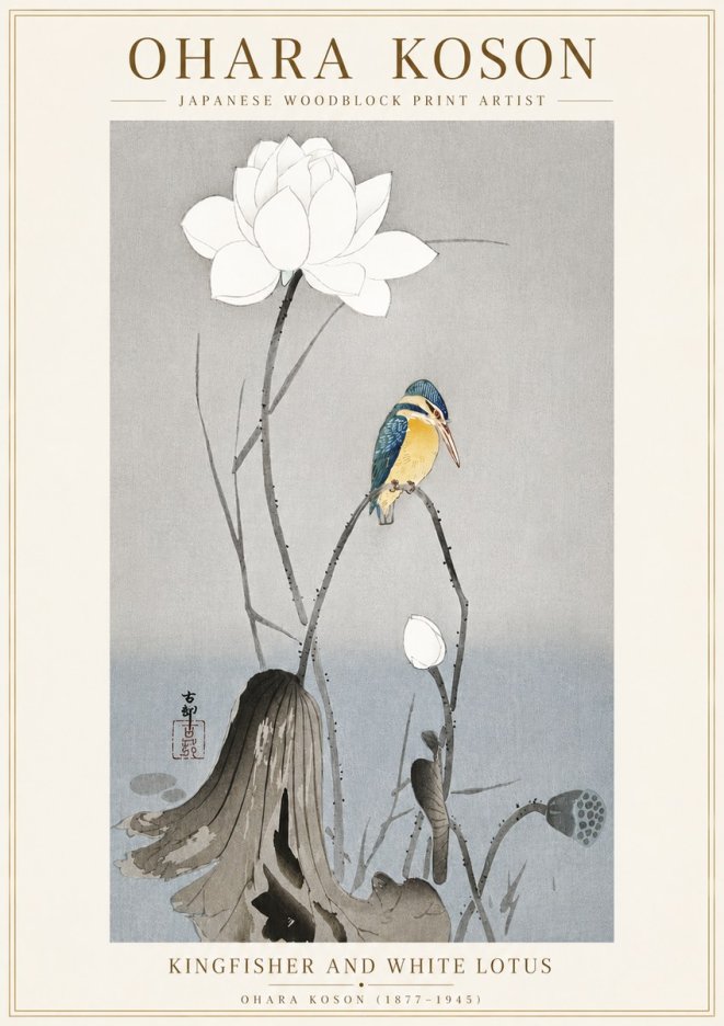 Ohara Koson Kingfisher and White Lotus No6 - Plakat