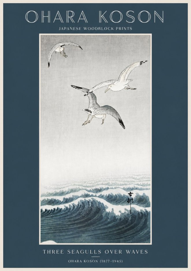 Ohara Koson Three Seagulls over Waves No2 - Plakat