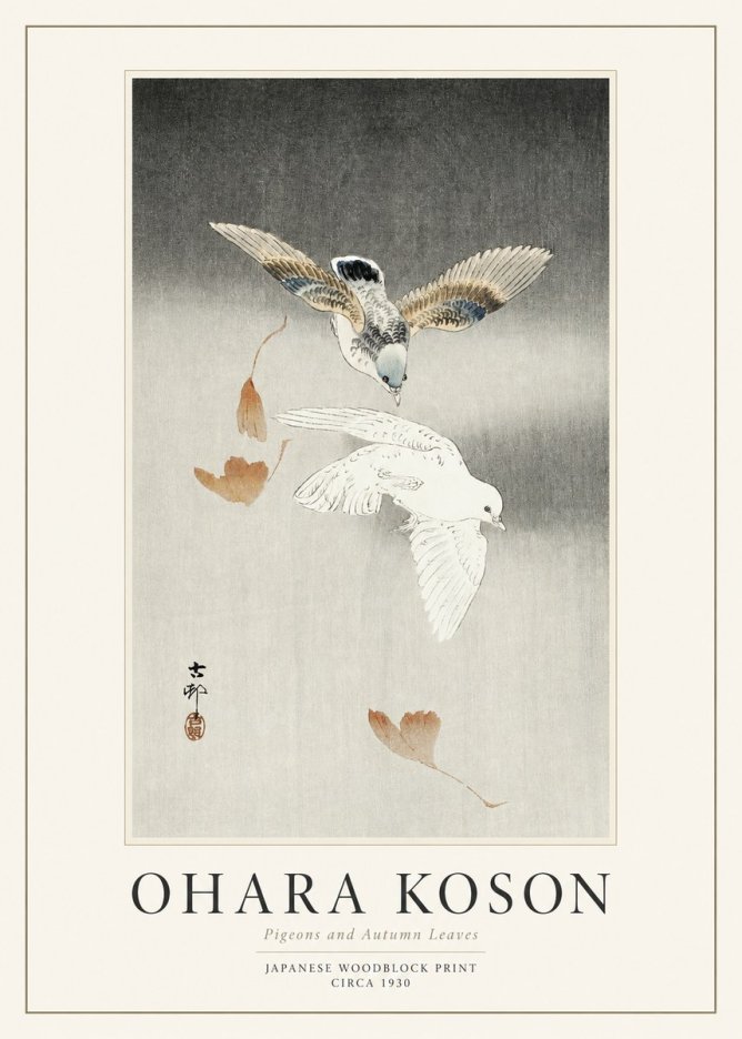 Ohara Koson Pigeons and Autumn Leaves No1 - Plakat