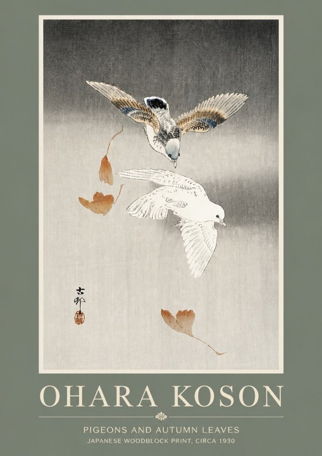 Ohara Koson Pigeons and Autumn Leaves No5 - Plakat