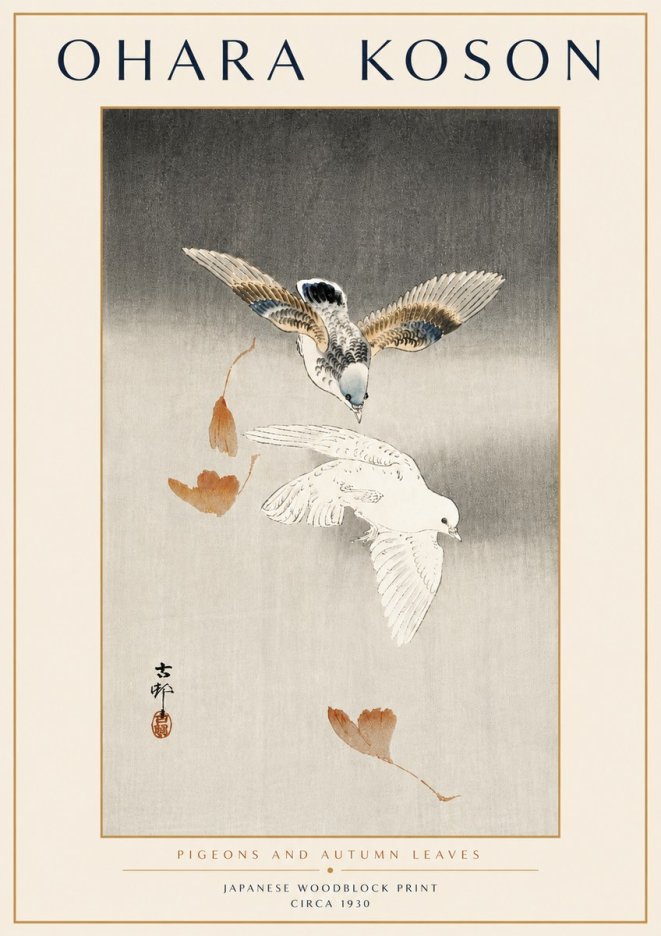 Ohara Koson Pigeons and Autumn Leaves No6 - Plakat