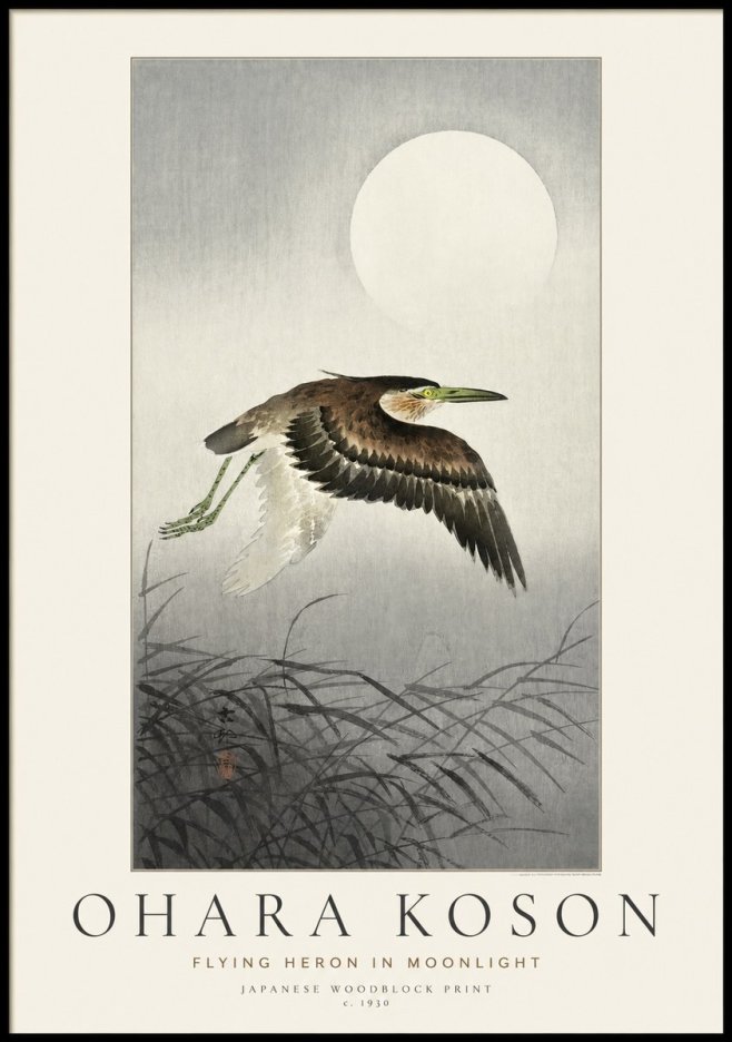 Ohara Koson Flying Heron in Moonlight No1 - Plakat