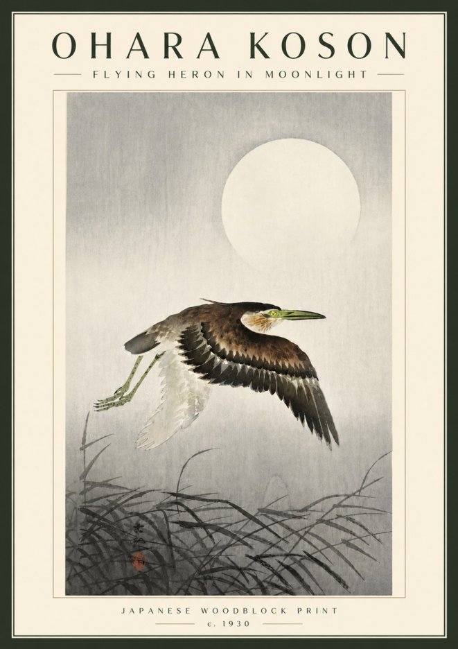 Ohara Koson Flying Heron in Moonlight No5 - Plakat