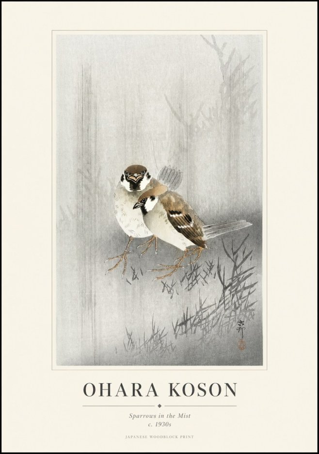 Ohara Koson Sparrows in the Mist No1 - Plakat