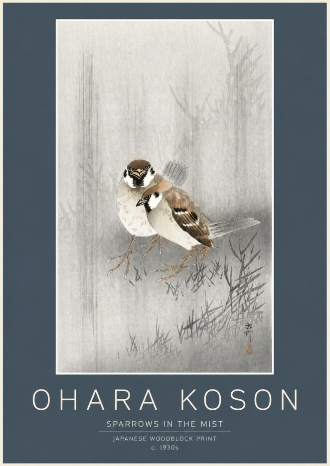 Ohara Koson Sparrows in the Mist No2 - Plakat