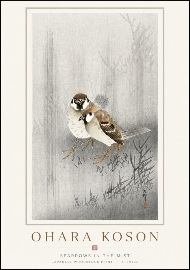 Ohara Koson Sparrows in the Mist No3 - Plakat