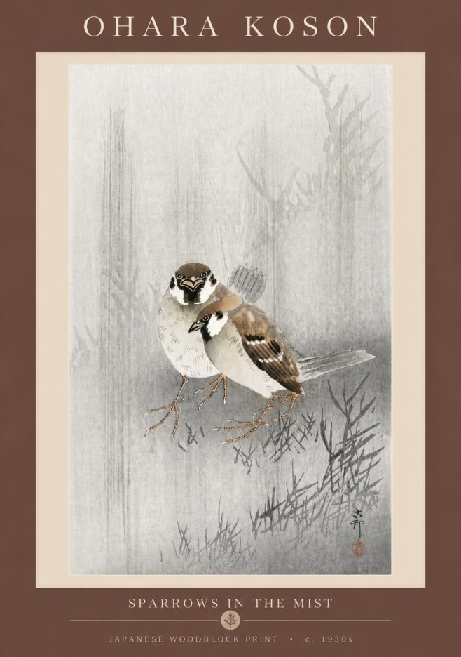 Ohara Koson Sparrows in the Mist No5 - Plakat