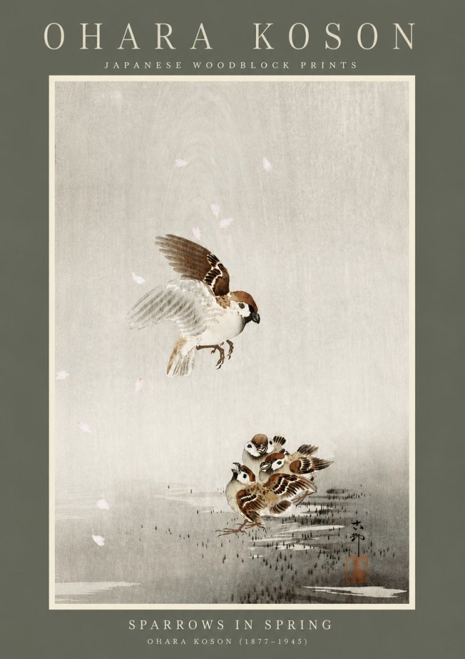Ohara Koson Sparrows in Spring No4 - Plakat
