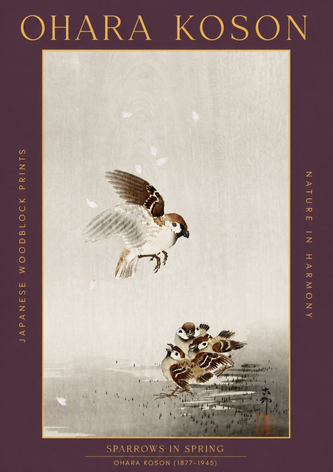 Ohara Koson Sparrows in Spring No5 - Plakat