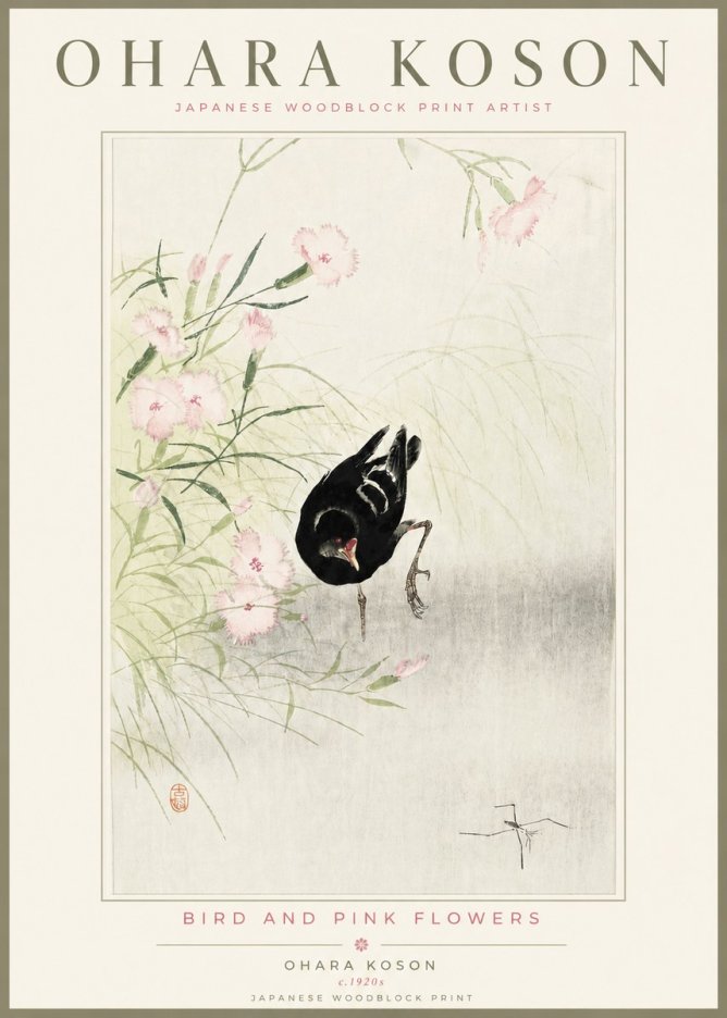 Ohara Koson Bird and Pink Flowers No4 - Plakat