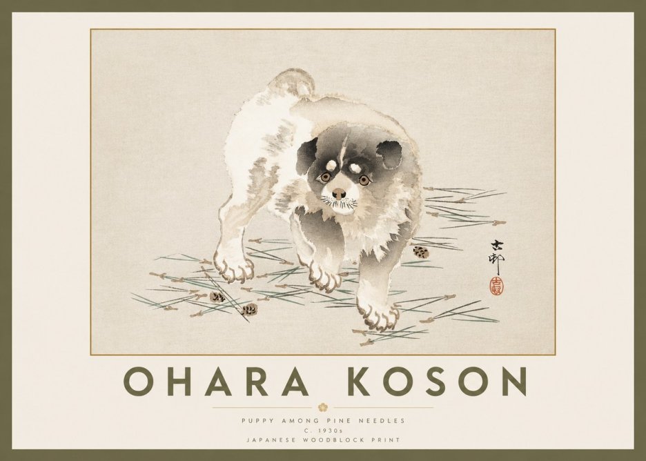 Ohara Koson Puppy Among Pine Needles No2 - Plakat