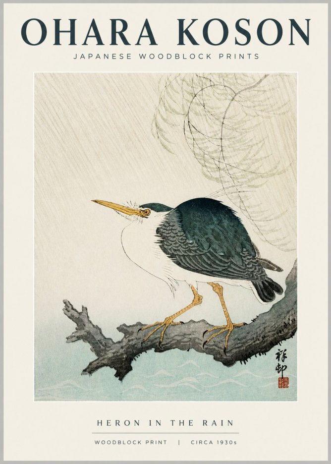 Ohara Koson Heron in the Rain No1 - Plakat