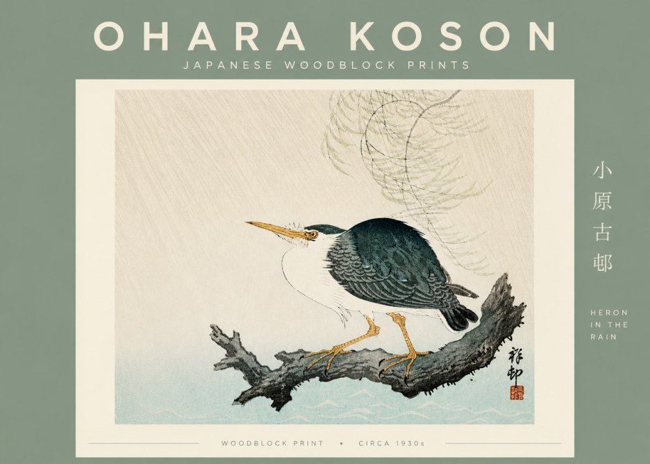 Ohara Koson Heron in the Rain No6 - Plakat