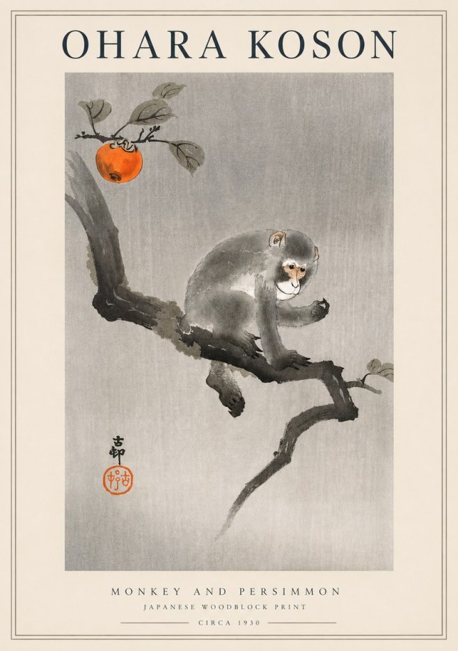 Ohara Koson Monkey and Persimmon No3 - Plakat