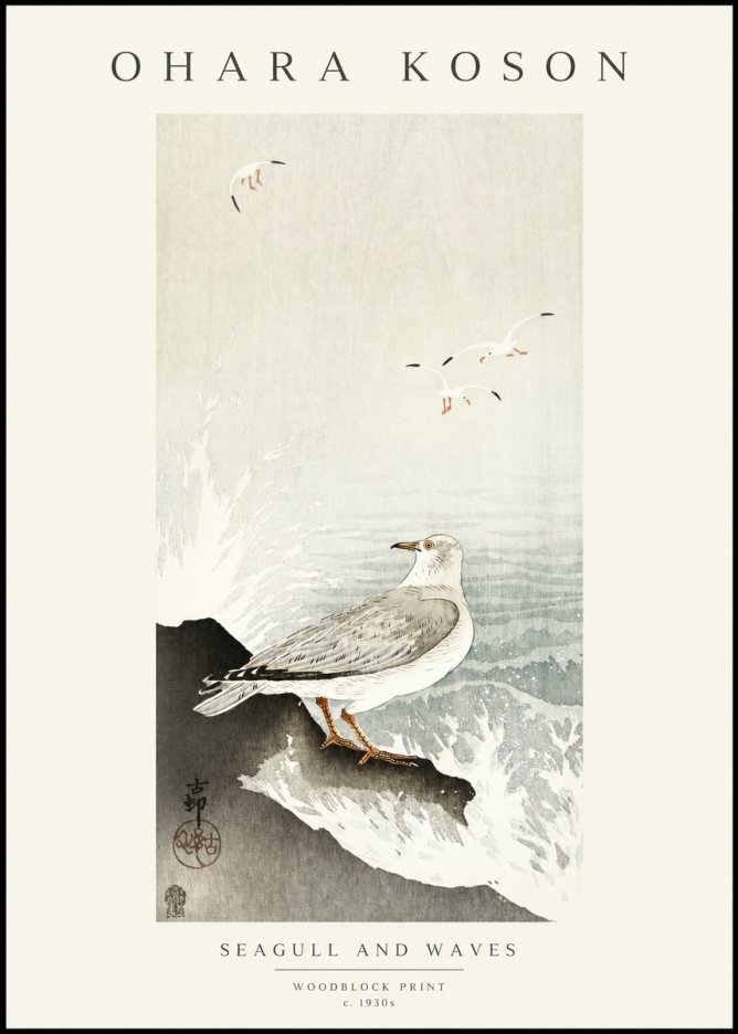Ohara Koson Seagull and Waves No1 - Plakat