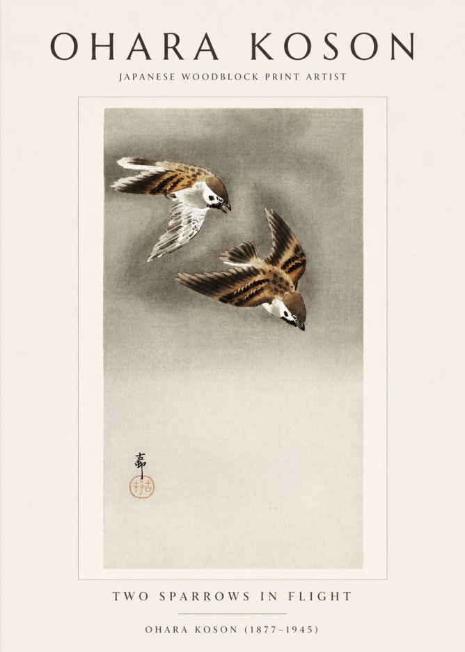 Ohara Koson Two Sparrows in Flight No1 - Plakat