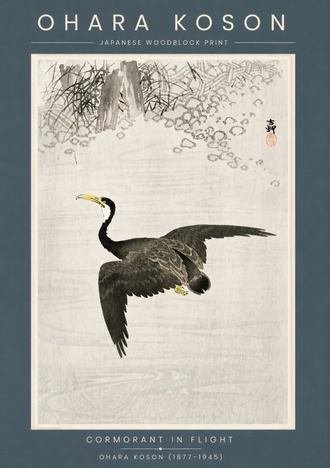 Ohara Koson Cormorant in Flight No6 - Plakat