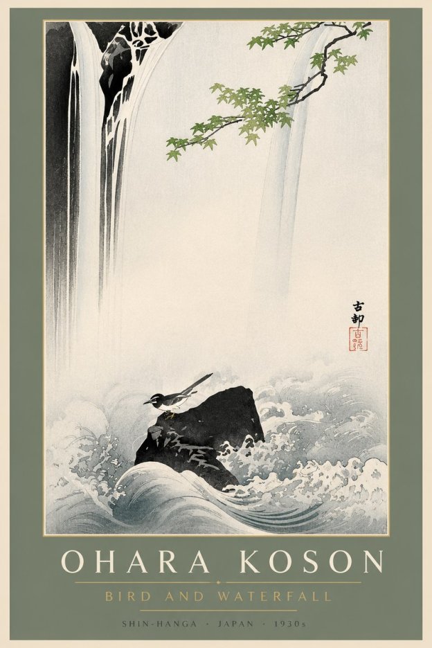 Ohara Koson Bird and Waterfall No2 - Plakat