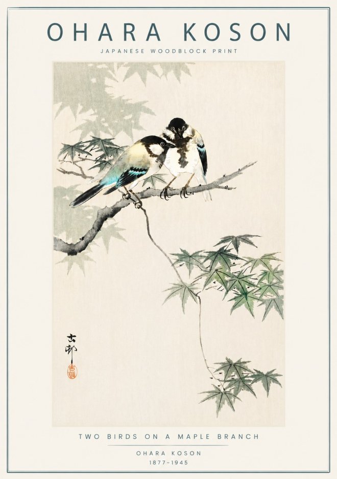 Ohara Koson Two Birds on a Maple Branch No6 - Plakat