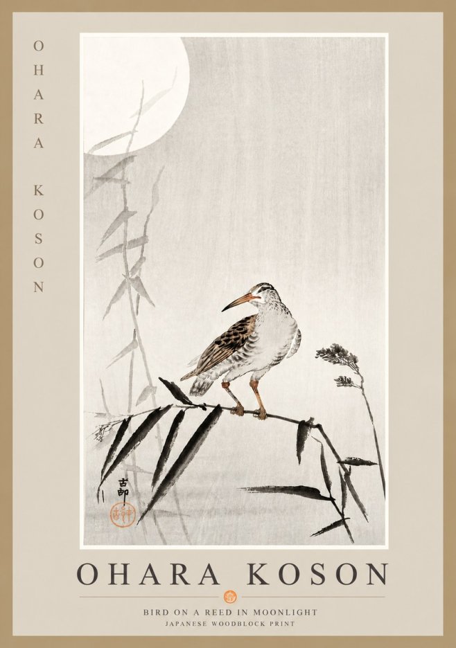 Ohara Koson Bird on a Reed in Moonlight No6 - Plakat