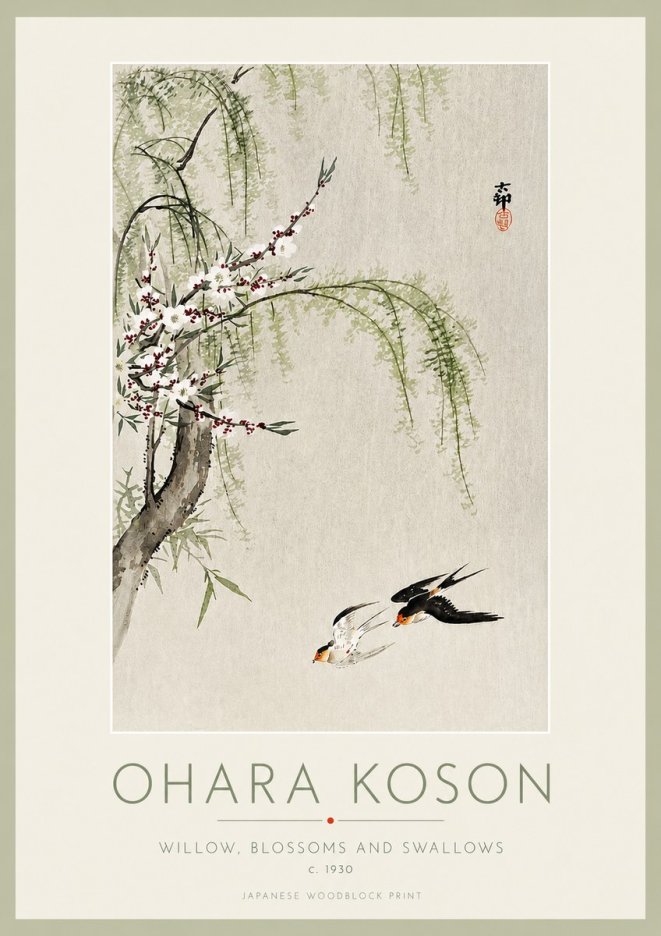Ohara Koson Willow, Blossoms and Swallows No3 - Plakat