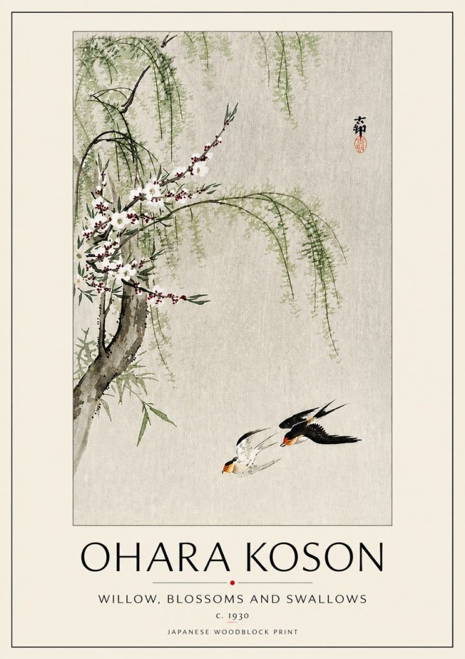 Ohara Koson Willow, Blossoms and Swallows No5 - Plakat