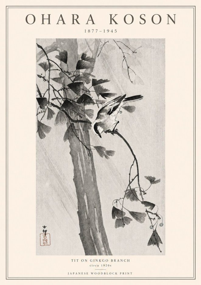 Ohara Koson Tit on Ginkgo Branch No3 - Plakat