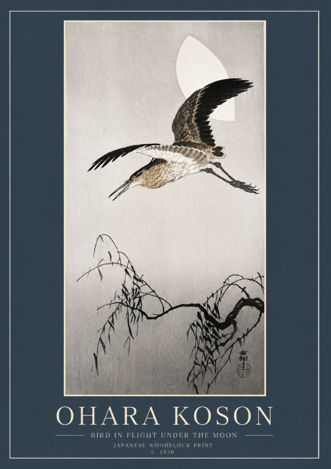 Ohara Koson Bird in Flight Under the Moon No6 - Plakat