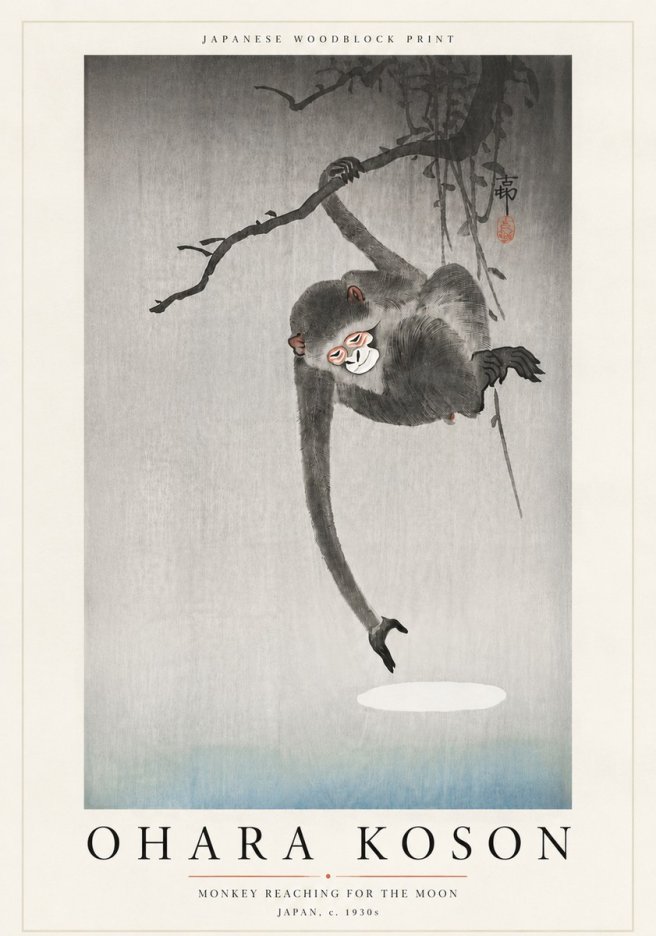 Ohara Koson Monkey Reaching for the Moon No6 - Plakat