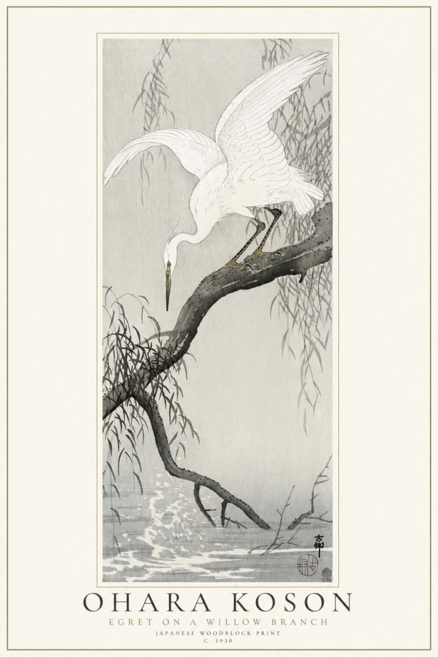 Ohara Koson Egret on a Willow Branch No1 - Plakat