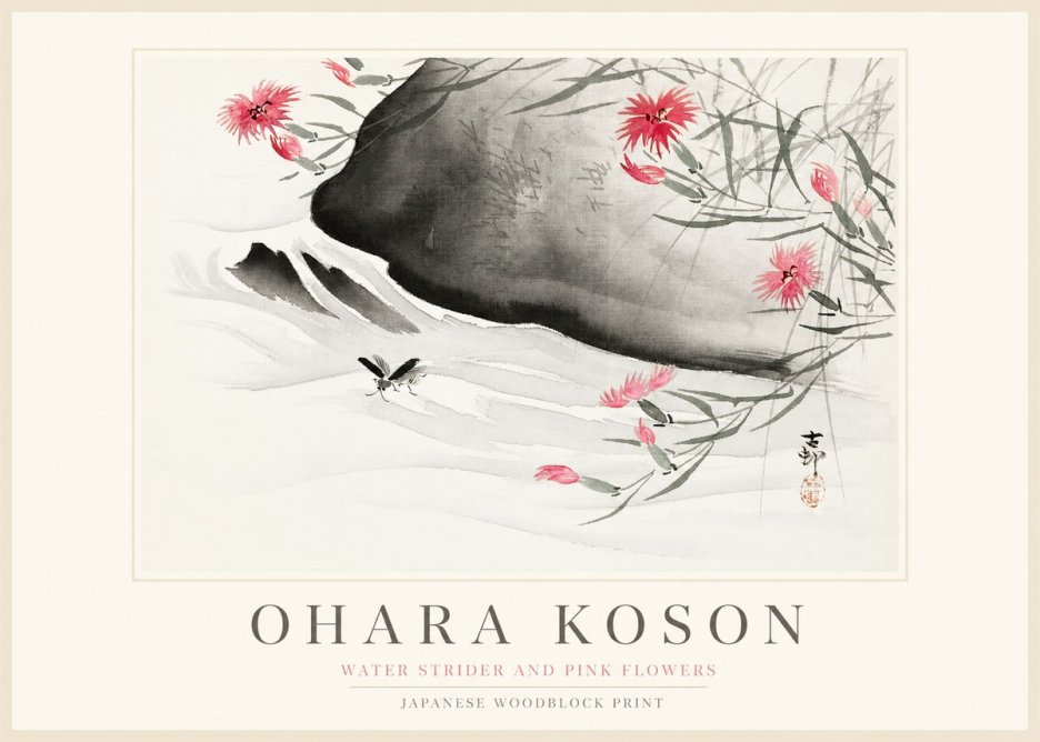 Ohara Koson Water Strider and Pink Flowers No1 - Plakat