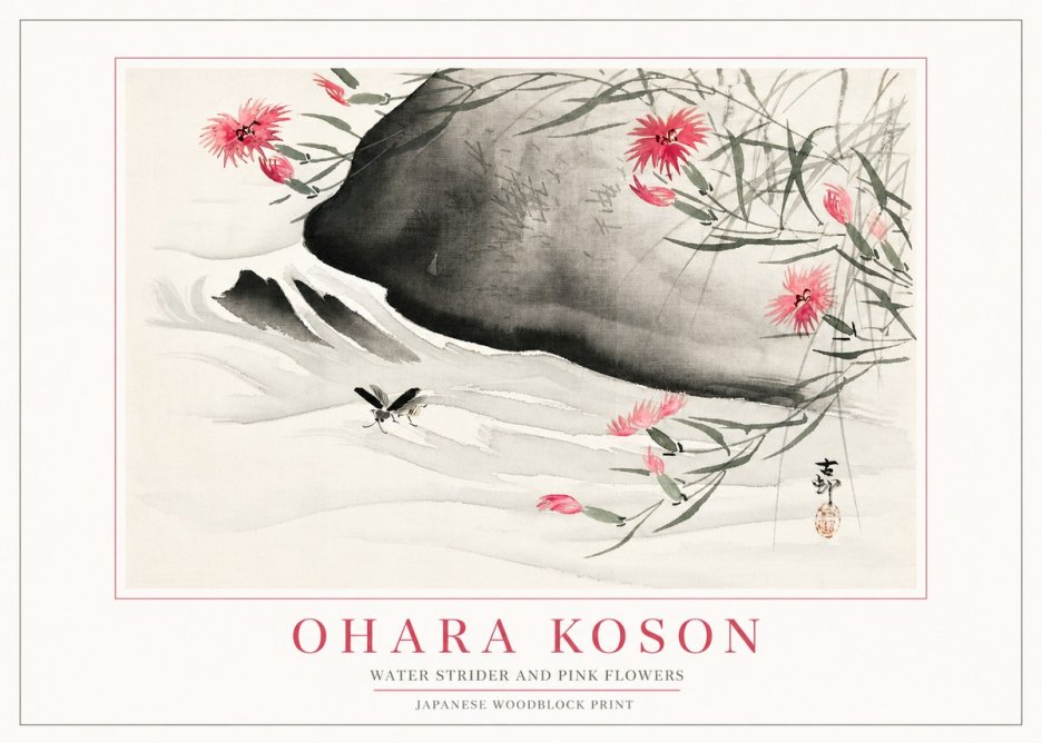 Ohara Koson Water Strider and Pink Flowers No2 - Plakat