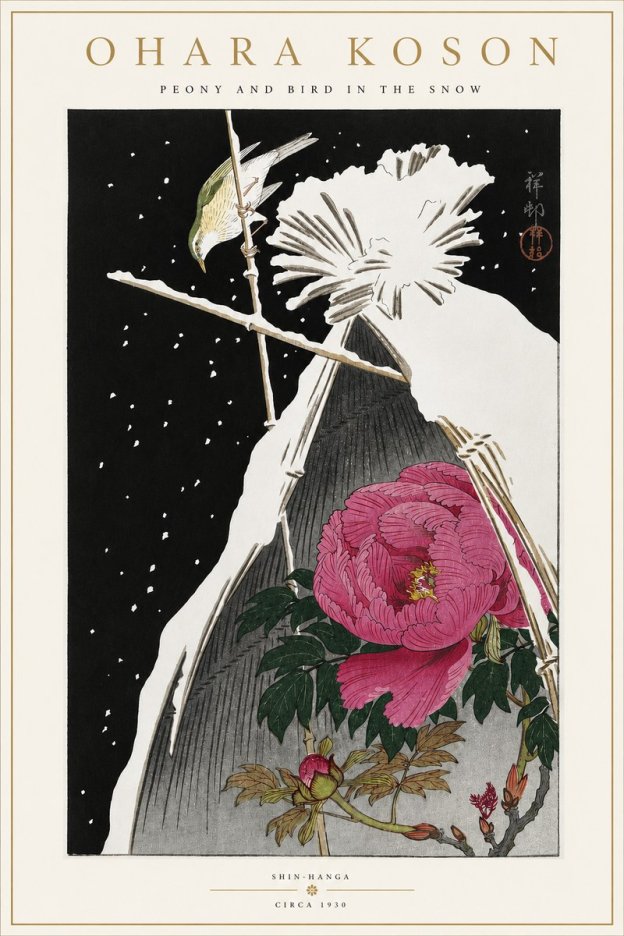 Ohara Koson Peony and Bird in the Snow No4 - Plakat