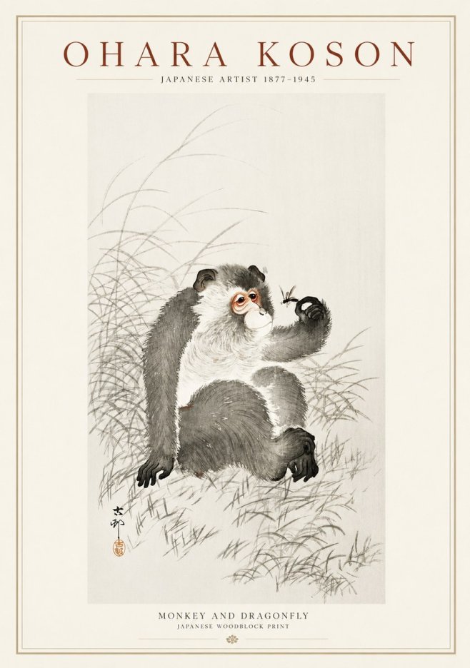Ohara Koson Monkey and Dragonfly No1 - Plakat