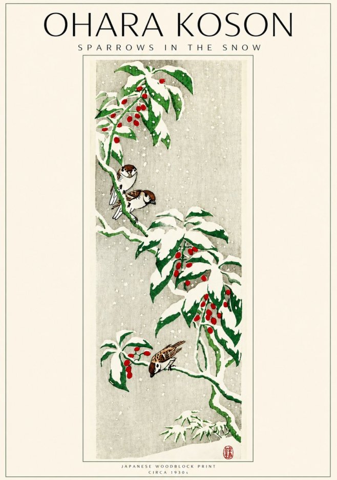 Ohara Koson Sparrows in the Snow No3 - Plakat