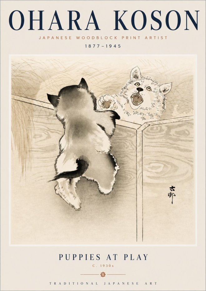 Ohara Koson Puppies at Play No3 - Plakat