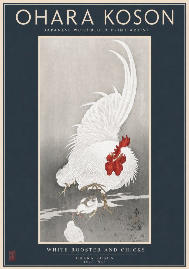 Ohara Koson White Rooster and Chicks No2 - Plakat