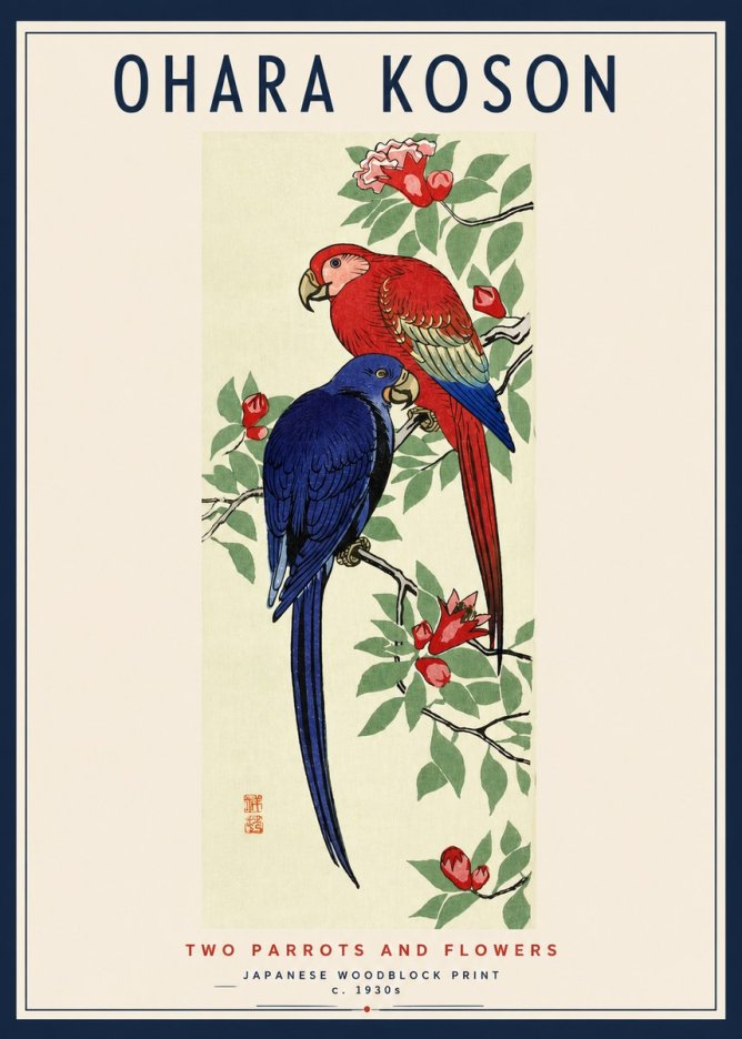 Ohara Koson Two Parrots and Flowers No3 - Plakat
