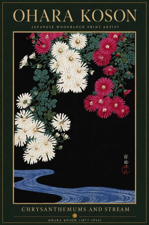 Ohara Koson Chrysanthemums and Stream No6 - Plakat