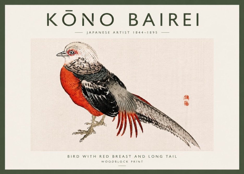 Kōno Bairei Bird with Red Breast and Long Tail No6 - Plakat