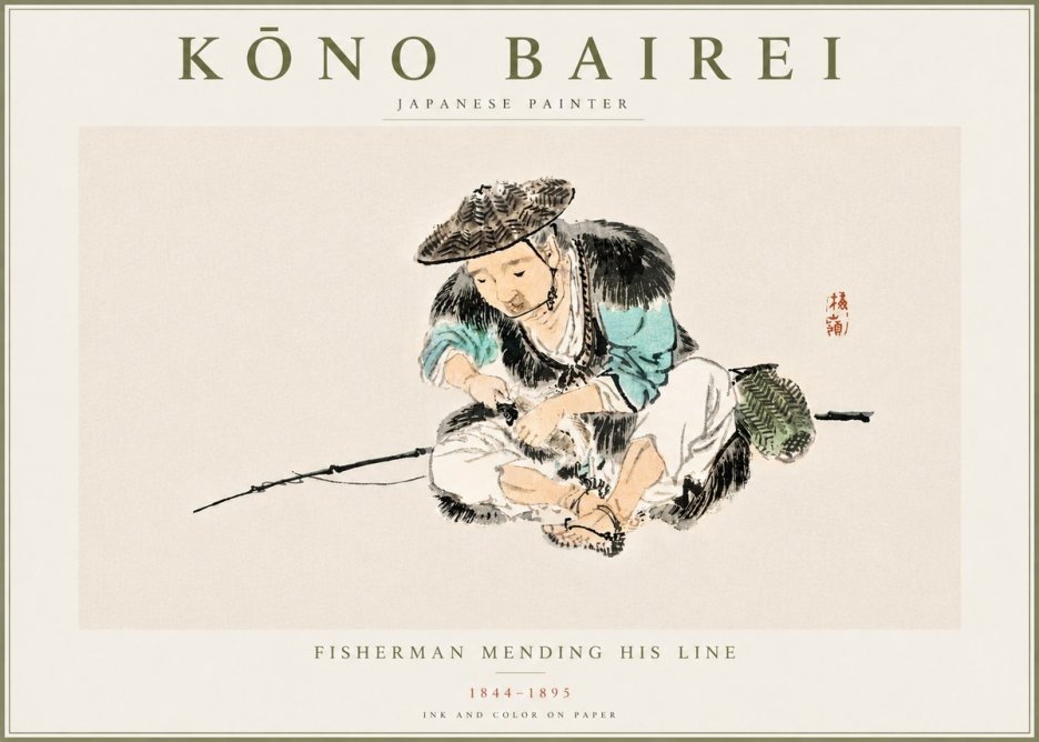Kōno Bairei Fisherman Mending His Line No5 - Plakat