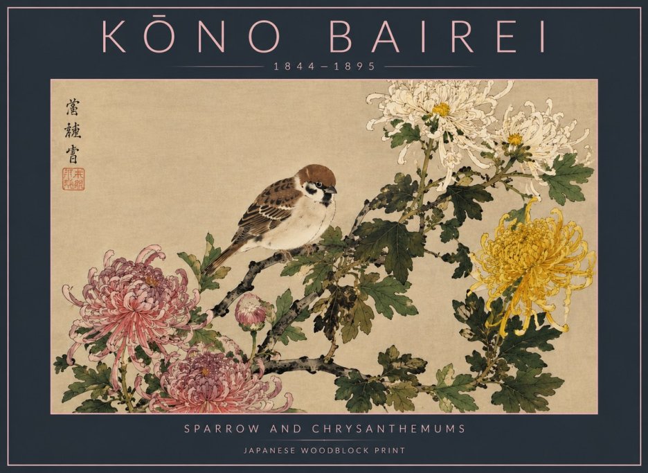 Kōno Bairei Sparrow and Chrysanthemums No4 - Plakat