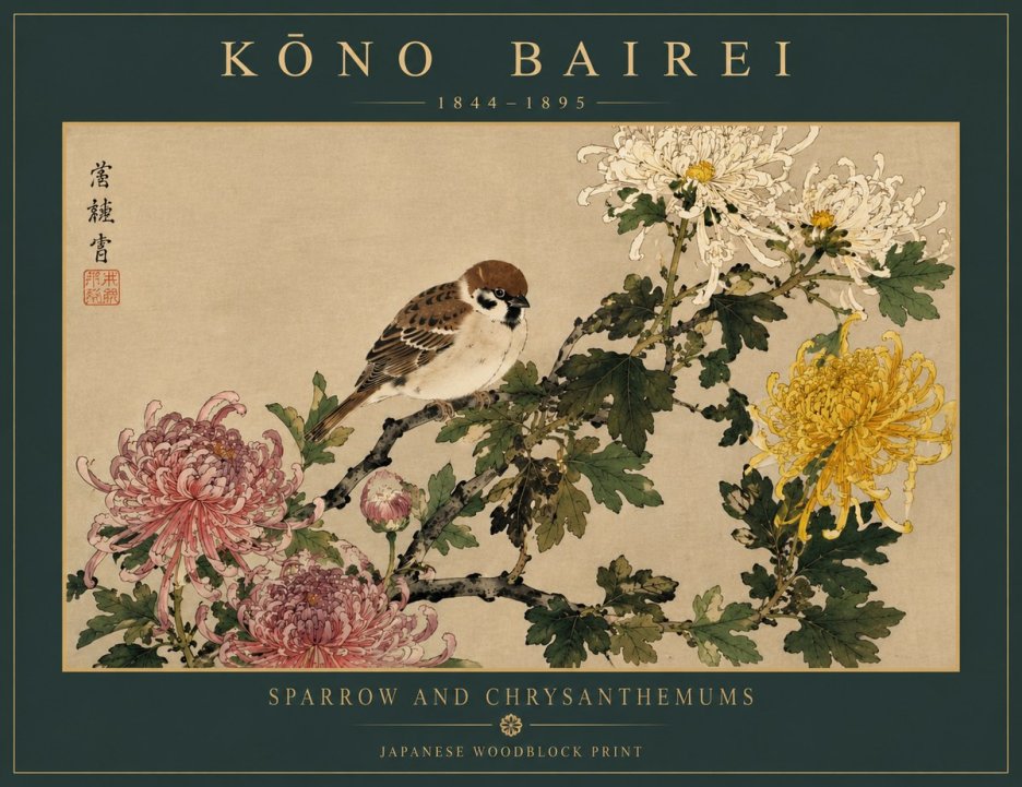 Kōno Bairei Sparrow and Chrysanthemums No5 - Plakat