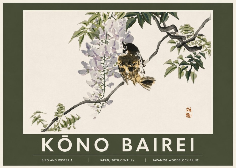 Kōno Bairei Wisteria and Bird No3 - Plakat
