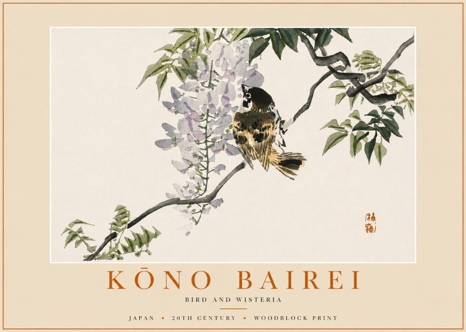 Kōno Bairei Wisteria and Bird No6 - Plakat