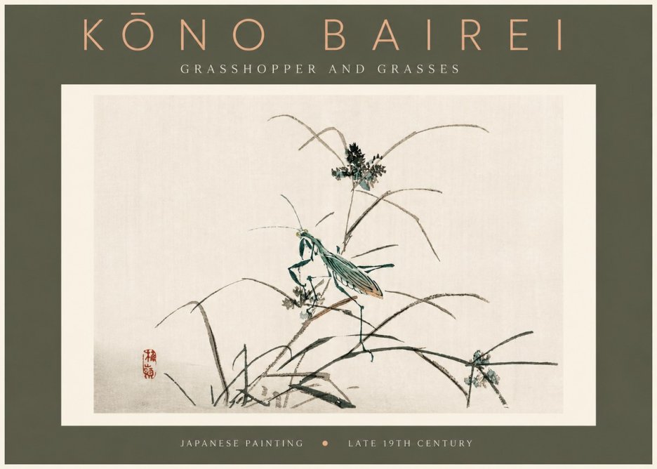Kōno Bairei Grasshopper and Grasses No4 - Plakat
