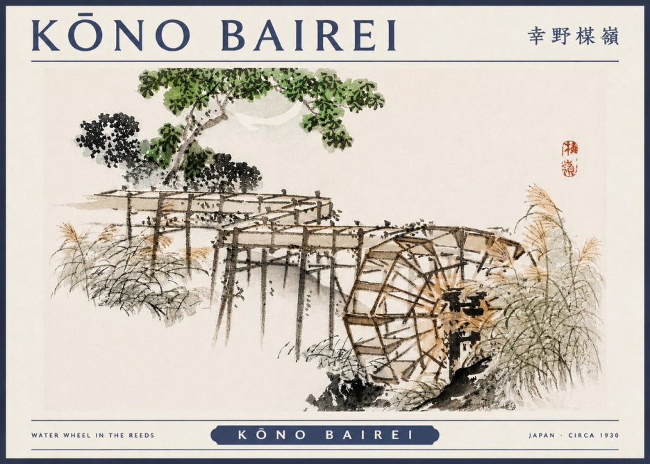 Kōno Bairei Water Wheel in the Reeds No3 - Plakat