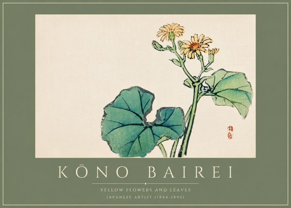 Kōno Bairei Yellow Flowers and Leaves No2 - Plakat